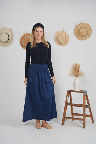 E.U.X Exclusive Dark Navy Cotton Smocked Waist 37" Skirt with Front Pockets at Dress Code itsdresscode.com