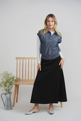 Ulla Maxi Black Denim Yoke Panel Shaped 37" Skirt at Dress Code itsdresscode.com

