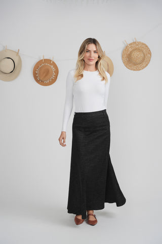 Ulla Maxi Black Wash Denim Yoke Panel Shaped 37" Skirt at Dress Code itsdresscode.com