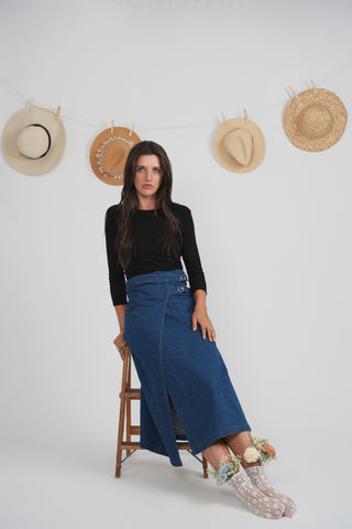 Faves Dark Blue Denim Wash Wrap 35" Skirt with Side Buckles at Dress Code itsdresscode.com