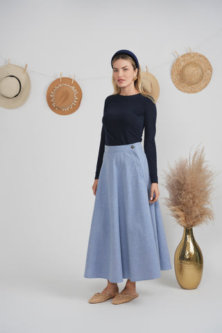 MAXMRKT Blue Denim Two Panel Self Waist 34" Skirt With Side Zipper at Dress Code itsdresscode.com