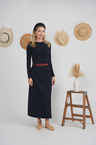 MAXMRKT Navy Straight Front Kick Pleated 35" Skirt with Orange Contrast Belt at Dress Code itsdresscode.com