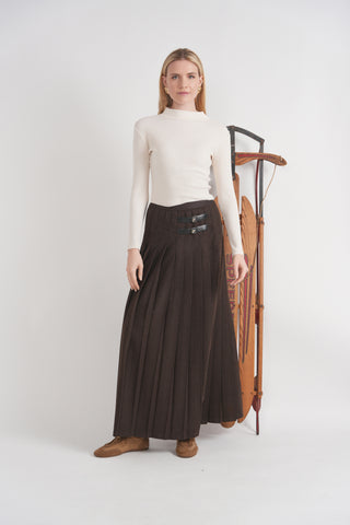 DW6M9235 Ash Brown Wool Pleated 38" Skirt with Side Belts Design