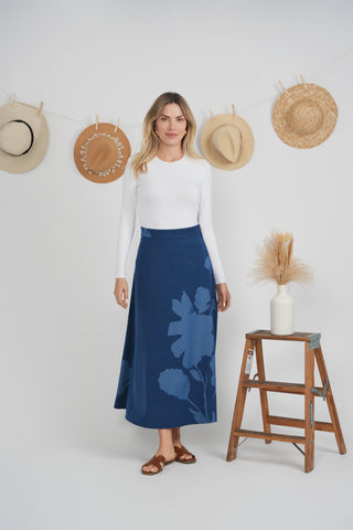 altimge2 for Versatile Blue Chambray Floral Printed 35" Skirt at Dress Code itsdresscode.com