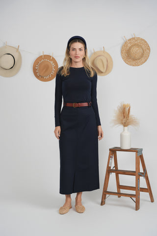 MAXMRKT Navy Straight Front Kick Pleated 35" Skirt with Orange Contrast Belt at Dress Code itsdresscode.com