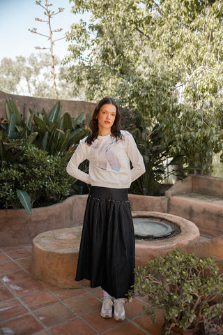 altimge1 Noir Black Denim Drop Waist Frayed Pleated 37" Skirt with Fringe Bottom at Dress Code itsdresscode.com