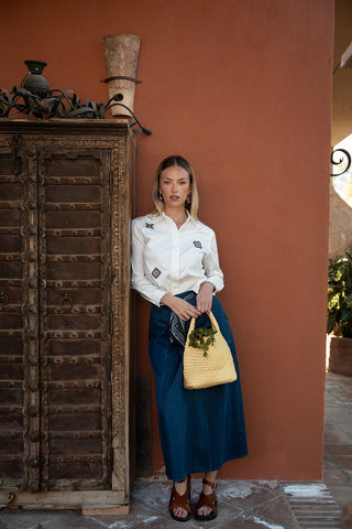 altimge1 Noir Blue Denim A-Line 36" Skirt With Printed Scarf Belt at Dress Code itsdresscode.com
