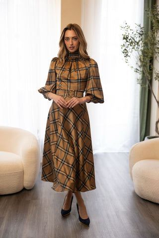 DCFW25-005 Brown/Green Emmeline Plaid Satin 38" Skirt With Belt
