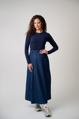 A-LINE Blue Denim Drop Waist Panel 37" Skirt at Dress Code itsdresscode.com