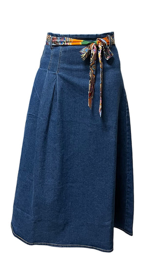 Profile NYC Blue Denim Faux Kilt 34" Skirt with Tie at Dress Code itsdresscode.com