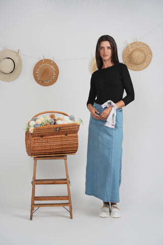 altimge1 Ulla Maxi Light Blue Denim Yoke Panel 37" Skirt with Side Metal Design at Dress Code itsdresscode.com