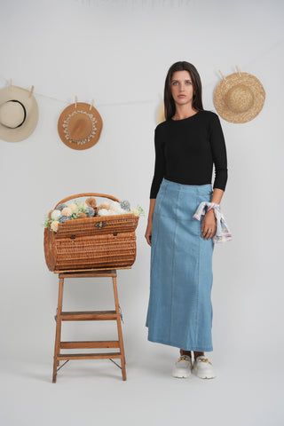 altimge2 Ulla Maxi Light Blue Denim Yoke Panel 37" Skirt with Side Metal Design at Dress Code itsdresscode.com