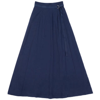 MAXMRKT Dark Blue Denim Rayon Knife Pleated Maxi 40" Skirt with Belt at Dress Code itsdresscode.com
