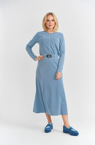 FYI Light Blue Denim Waffle 33" Skirt with Front Buckle at Dress Code itsdresscode.com 