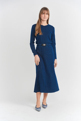 FYI Dark Blue Denim Waffle 33" Skirt with Front Buckle at Dress Code itsdresscode.com 