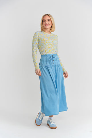 Noni Daily Light Blue Denim Rubber Waist 35" Skirt with Front Buttons at Dress Code itsdresscode.com