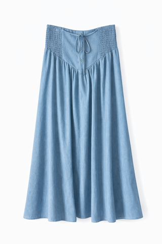 altimge2 for Profile NYC Blue Denim Elastic Waist Tencel Tie 36" Skirt with Front Buttons at Dress Code itsdresscode.com