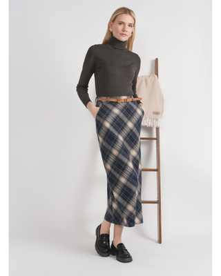 WB6CM2179SM Navy Wool Plaid Straight 35" Skirt