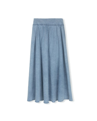 Story Lt Blue Denim Flared Gathered 36" Skirt at Dress Code itsdresscode.com