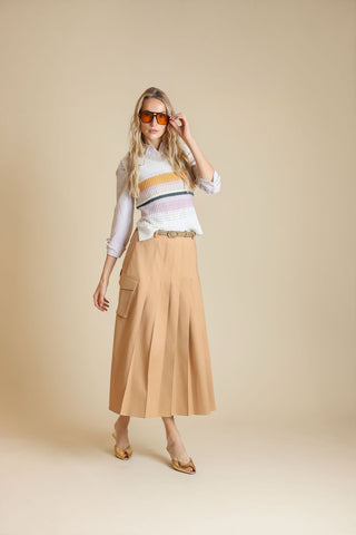 altimge1 Beige Camel Thin Poplin Pleated 35" Skirt With Braided Belt at Dress Code itsdresscode.com