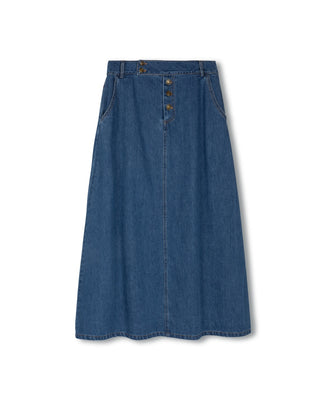 Story Blue Denim Straight Button 35" Skirt at Dress Code itsdresscode.com