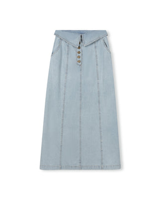Beige Lt Blue Denim Foldover Waist Panel Front Button 36" Skirt at Dress Code itsdresscode.com