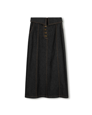 Beige Black Denim Foldover Waist Panel Front Button 36" Skirt at Dress Code itsdresscode.com