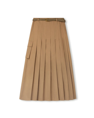 altimge2 Beige Camel Thin Poplin Pleated 35" Skirt With Braided Belt at Dress Code itsdresscode.com