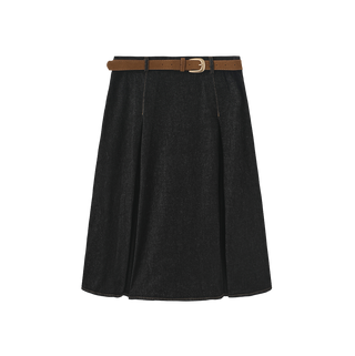 W-27614 Black Denim Pleated 27" Skirt with Suede Belt
