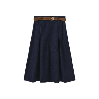 W-27614 Blue Denim Pleated 27" Skirt with Suede Belt