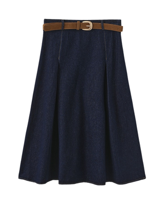 W-27614 Blue Denim Pleated 27" Skirt with Suede Belt