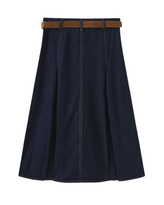 W-27614 Blue Denim Pleated 27" Skirt with Suede Belt