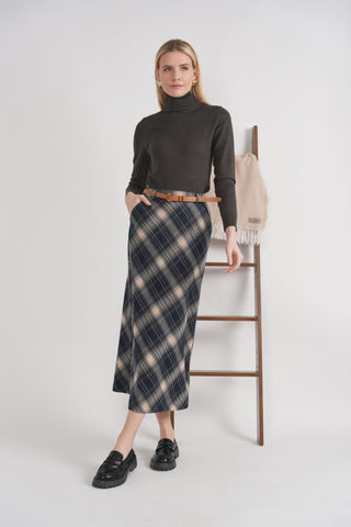 WB6CM2179SM Navy Wool Plaid Straight 35" Skirt