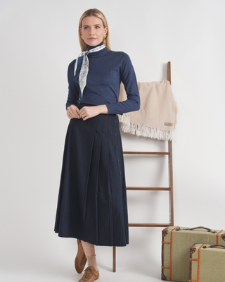 WB6CM2284SM Dark Navy Side Pleated Wrap 35" Skirt with Buckle