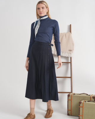 WB6CM2284SM Dark Navy Side Pleated Wrap 35" Skirt with Buckle