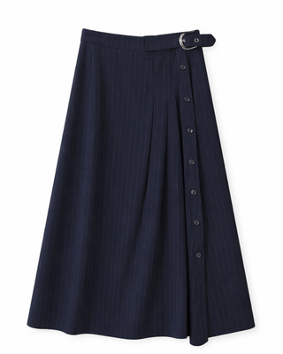 WB6CM2284SM Dark Navy Side Pleated Wrap 35" Skirt with Buckle