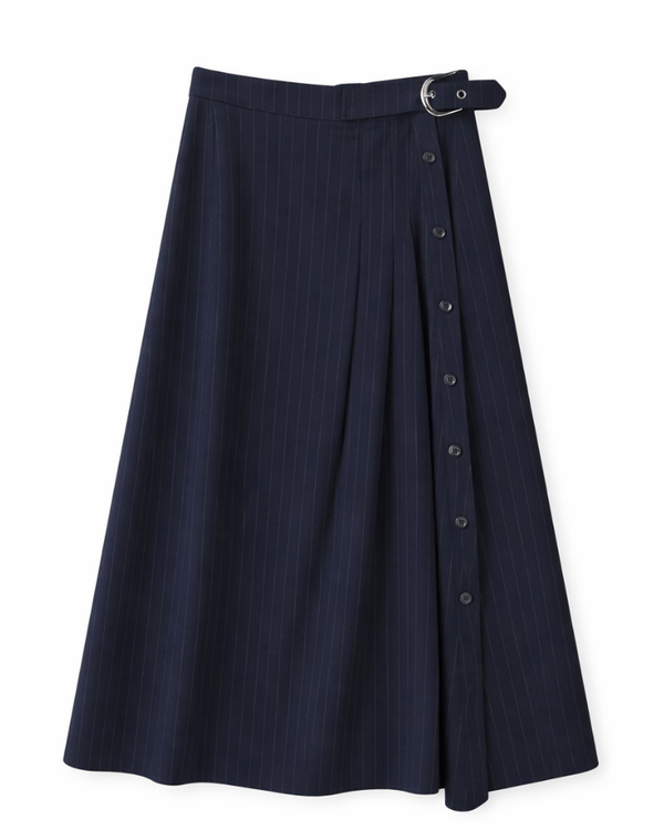 WB6CM2284SM Dark Navy Side Pleated Wrap 35" Skirt with Buckle