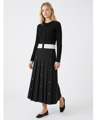 WB6CPT7428S Black Pleated Midi 34" Skirt with Rhinestones