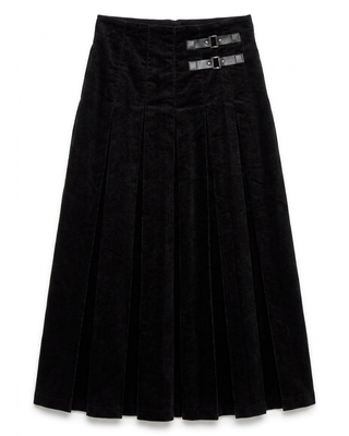 WB6CPT7452SP Black Corduroy Pleated 34" Skirt with Side Buckles