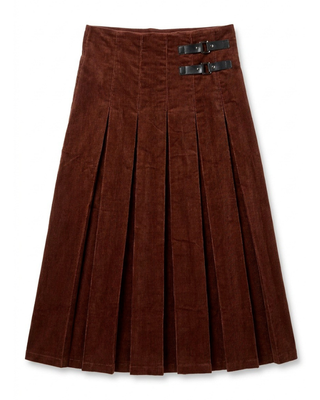 WB6CPT7452SP Wine Corduroy Pleated 34" Skirt with Side Buckles