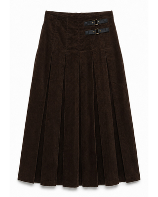 WB6CPT7452SP Chocolate Brown Corduroy Pleated 34" Skirt with Side Buckles