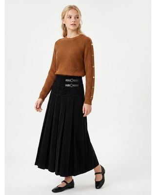 WB6CPT7452SP Black Corduroy Pleated 34" Skirt with Side Buckles