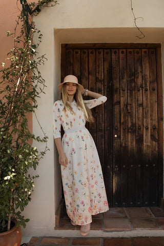 tea White Flower Printed Cotton 36" Skirt with Elastic Waistband at Dress Code itsdresscode.com