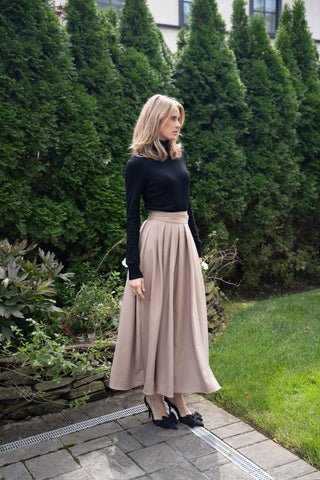 altimge1 for Simona Bonacci Camel Wool Pleated Wrap 37" Skirt with Adjustable Buckle at Dress Code itsdresscode.com