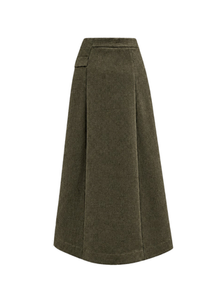 TR26FW20 Green Wool Pleated 35" Skirt with Gold Buttons