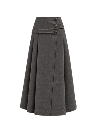 TR26FW20  Dark Gray Wool  Pleated 35" Skirt with Gold Buttons