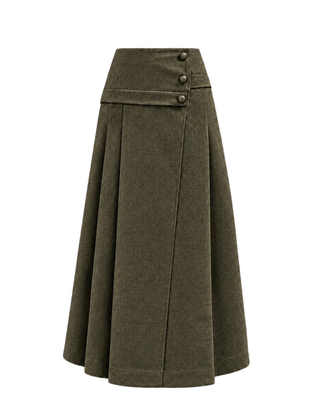 TR26FW20 Green Wool Pleated 35" Skirt with Gold Buttons