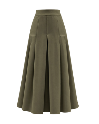 TR26FW24 Khaki Wide Center Pleat 35" Skirt with Side Pleats