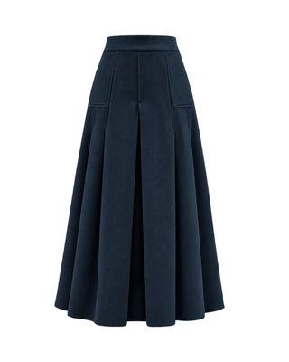 TR26FW24 Navy Wide Center Pleat 35" Skirt with Side Pleats